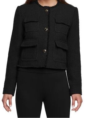 Express Bouclé Blazer Black Anthracite NWT Size Large Fringe Trim Boxy Jacket